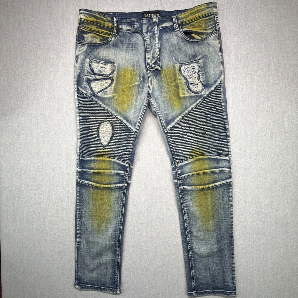 Balmain Distressed Ribbed Panels Slim Fit Blue Denim Biker Jeans Men Size 40